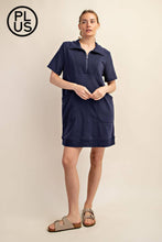 Load image into Gallery viewer, PLUS SIZE FRENCH TERRY SHORT SLEEVE QUARTER ZIP DRESS WITH C: Black / 2X
