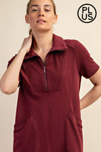 Load image into Gallery viewer, PLUS SIZE FRENCH TERRY SHORT SLEEVE QUARTER ZIP DRESS WITH C: Black / 1X