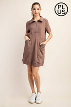 Load image into Gallery viewer, PLUS SIZE FRENCH TERRY SHORT SLEEVE QUARTER ZIP DRESS WITH C: Black / 2X