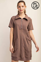Load image into Gallery viewer, PLUS SIZE FRENCH TERRY SHORT SLEEVE QUARTER ZIP DRESS WITH C: Black / 1X