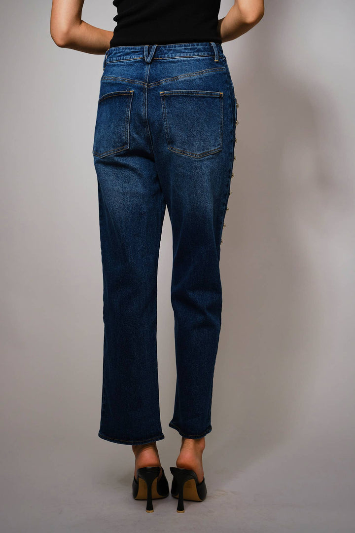Metal Studded High Rise Straight Fit Denim Jeans: DARK WASH