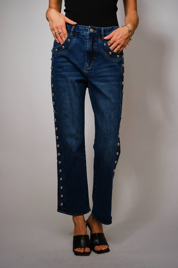 Metal Studded High Rise Straight Fit Denim Jeans: DARK WASH