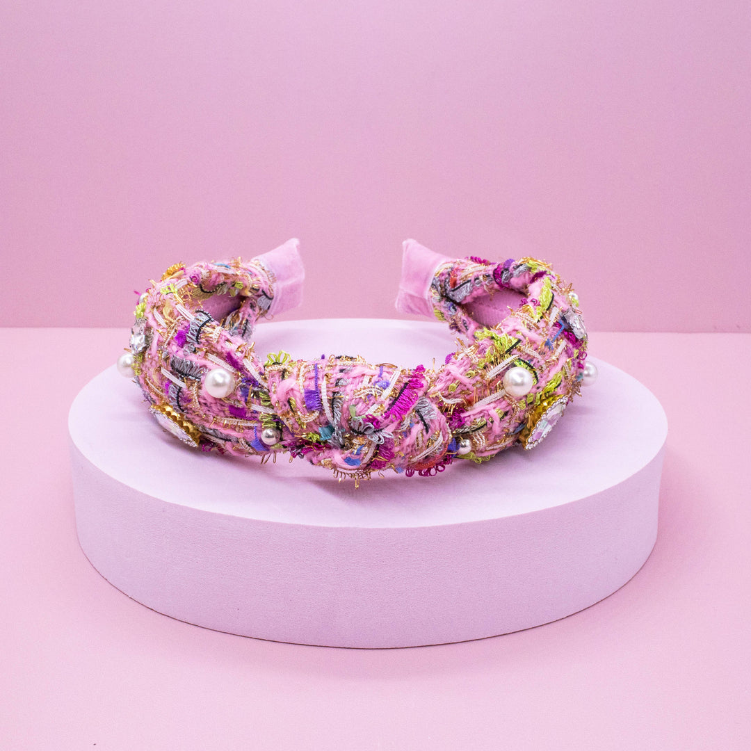 Kids Knot Headband - Embellished Rhinestone Pearl Tweed: Blue