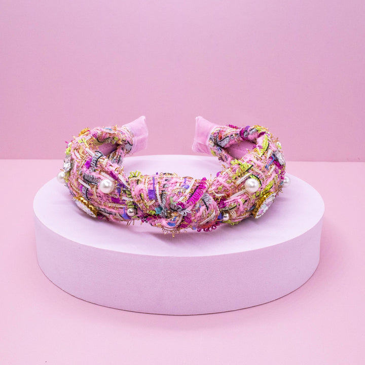 Kids Knot Headband - Embellished Rhinestone Pearl Tweed: Blue