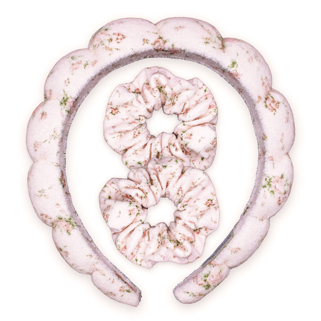 Terry Cloth Spa Headband W/ Scrunchies:Pink Floral