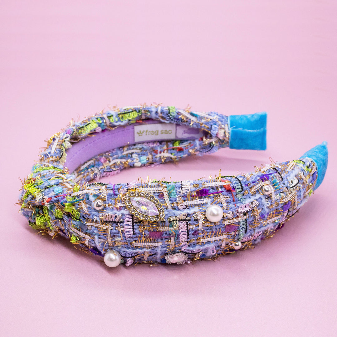 Kids Knot Headband - Embellished Rhinestone Pearl Tweed: Blue