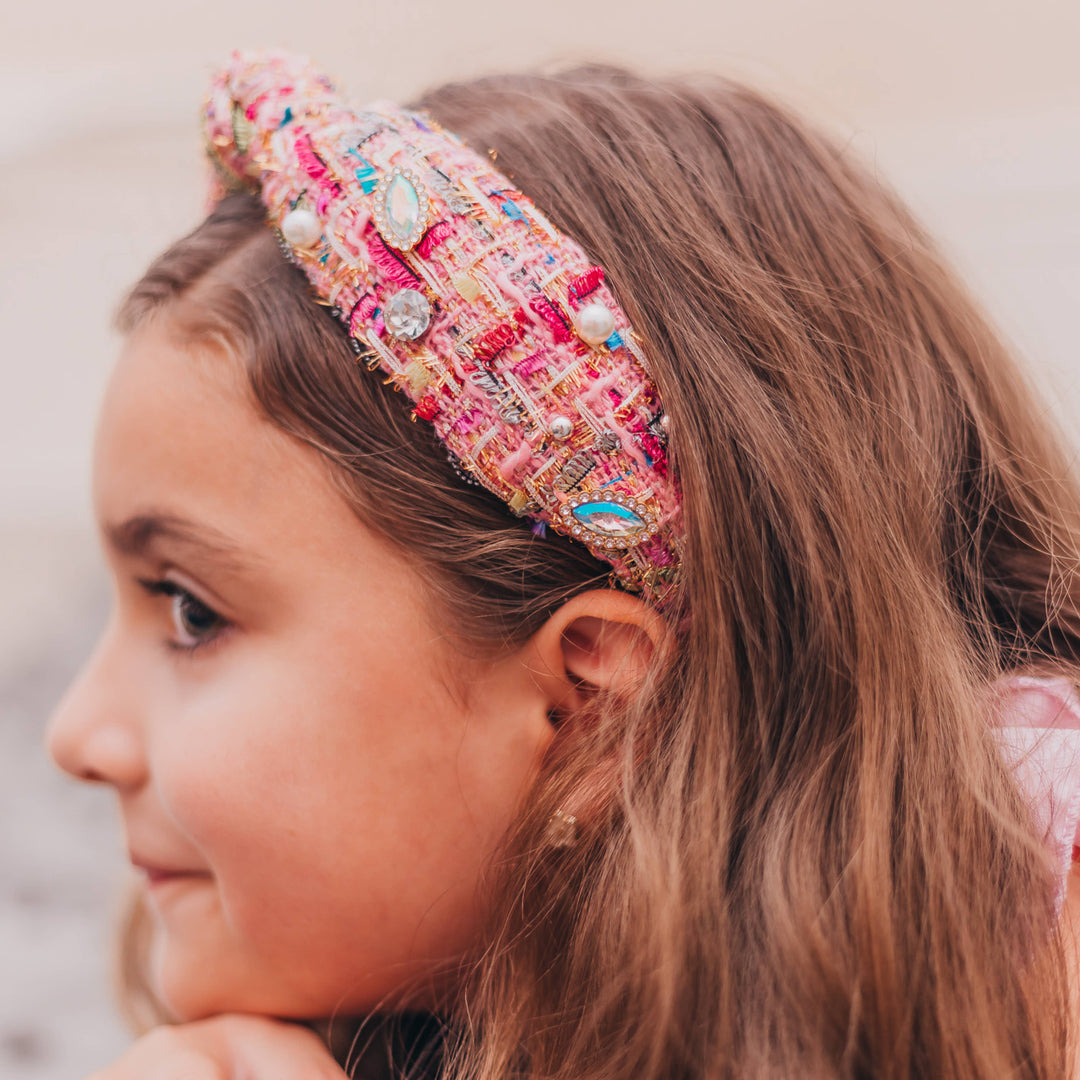 Kids Knot Headband - Embellished Rhinestone Pearl Tweed: Blue