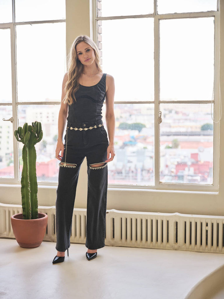 Cut Out Front Rhinestone Washed Denim Jeans: Black