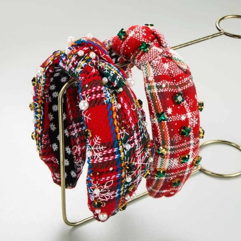 CHRISTMAS PLAID RHINESTONE WIDE KNOTTED HEADBAND | 40HB171: A