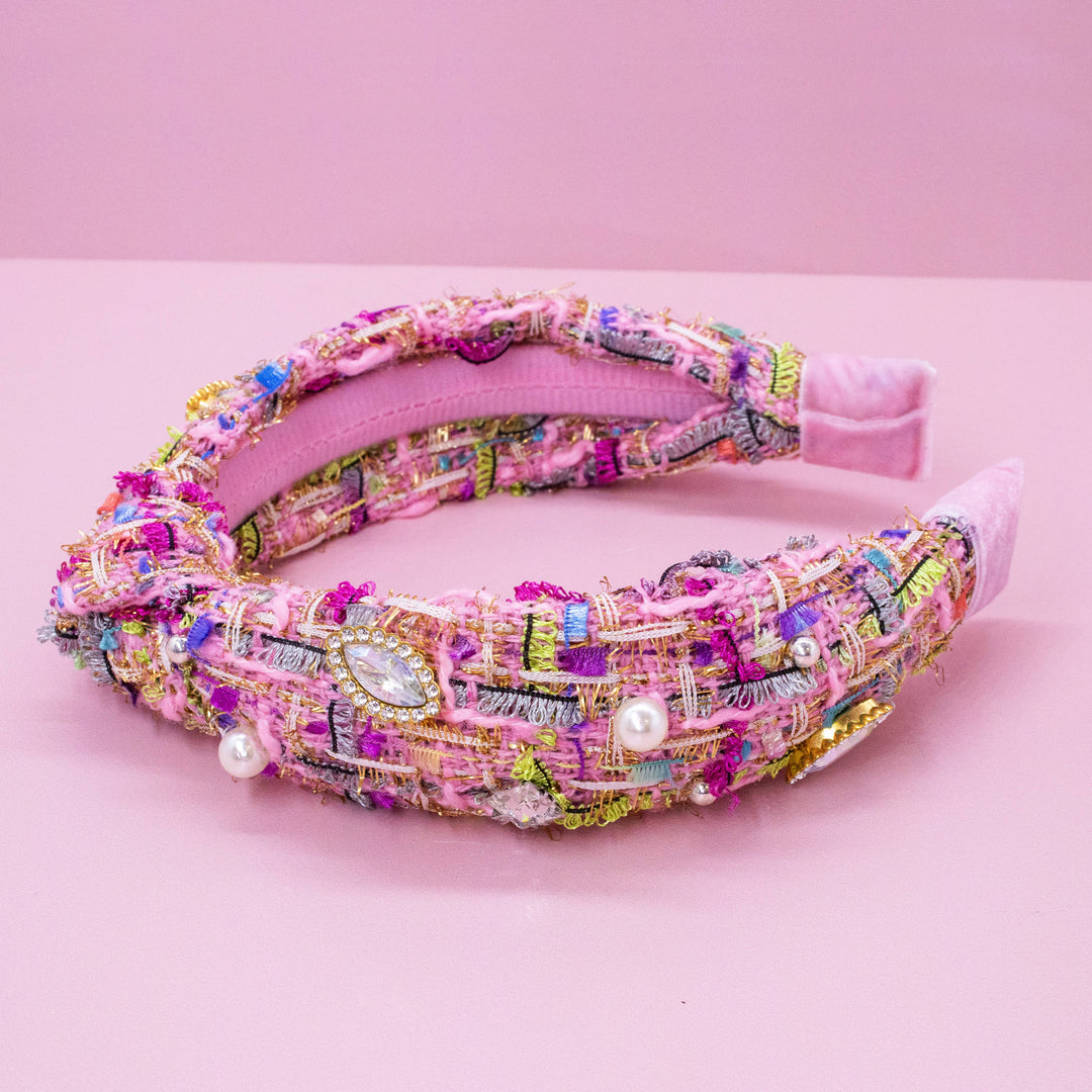 Kids Knot Headband - Embellished Rhinestone Pearl Tweed: Blue