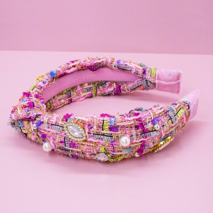 Kids Knot Headband - Embellished Rhinestone Pearl Tweed: Blue