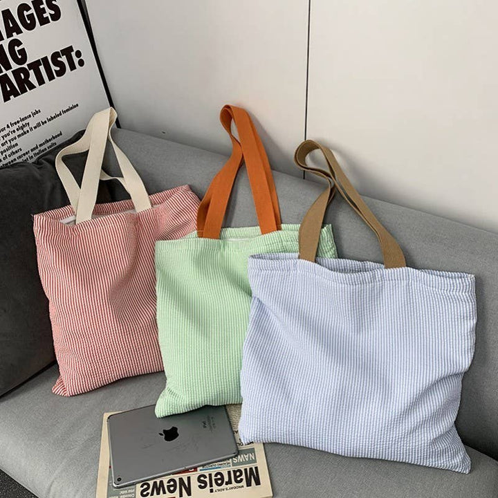 Large Organic colorful stripe Shoulder Tote Bag | 40P585: Black