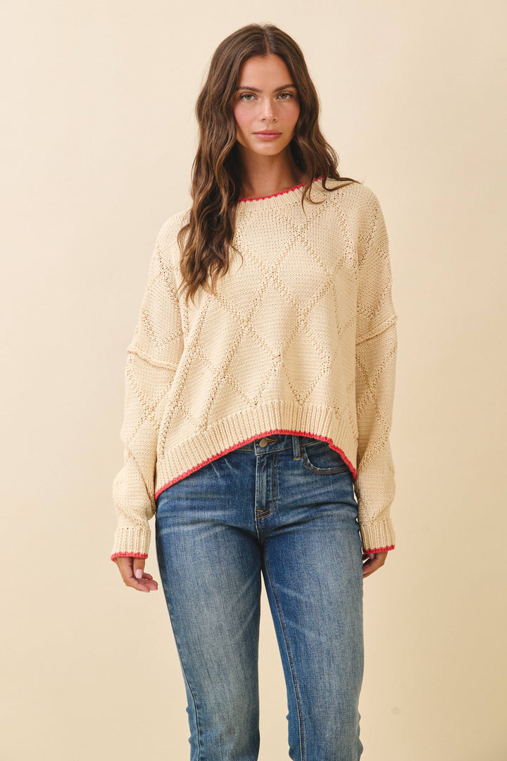 Diamond Knit Pullover Sweater: Oat