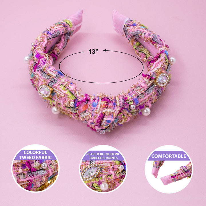 Kids Knot Headband - Embellished Rhinestone Pearl Tweed: Blue