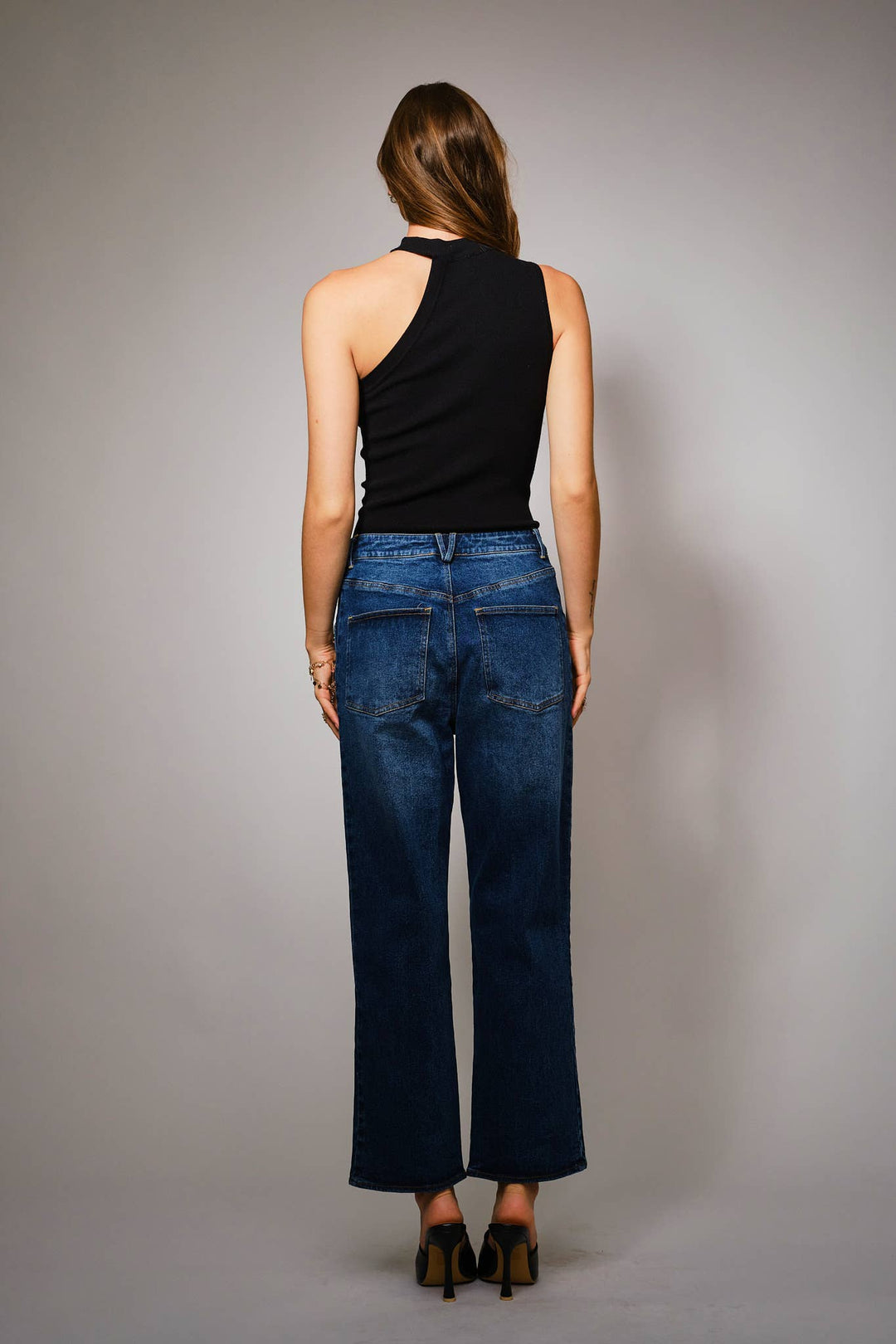 Metal Studded High Rise Straight Fit Denim Jeans: DARK WASH