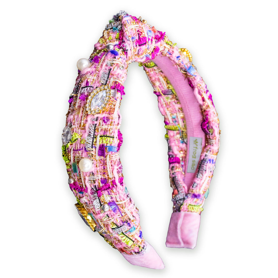 Kids Knot Headband - Embellished Rhinestone Pearl Tweed: Blue