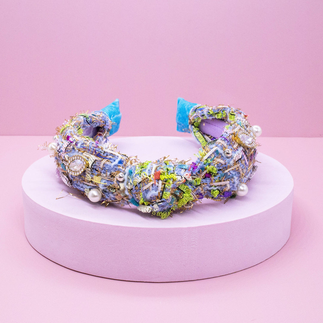 Kids Knot Headband - Embellished Rhinestone Pearl Tweed: Blue