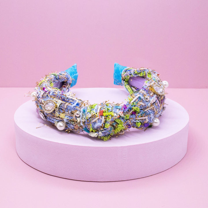Kids Knot Headband - Embellished Rhinestone Pearl Tweed: Blue