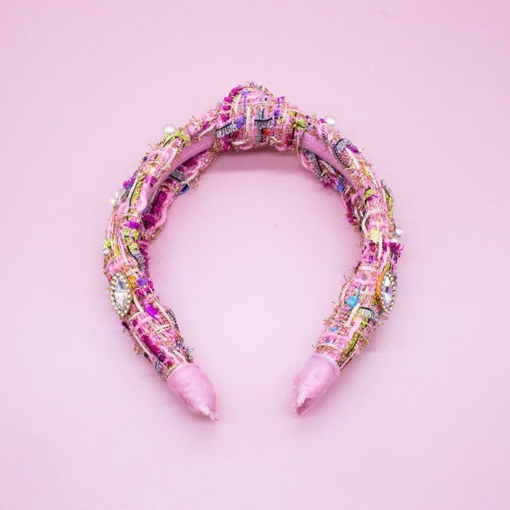 Kids Knot Headband - Embellished Rhinestone Pearl Tweed: Blue