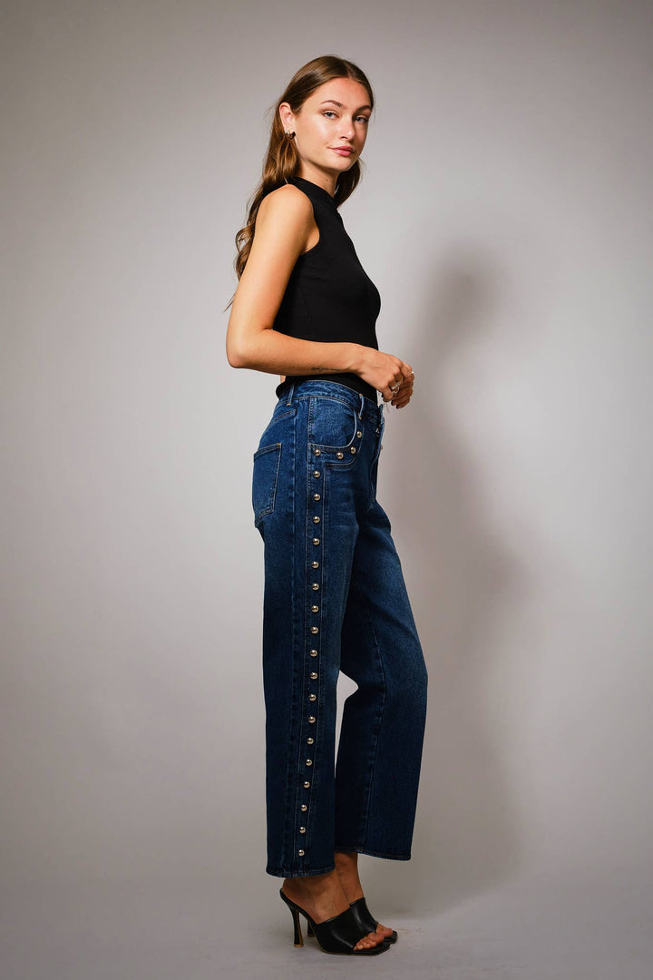 Metal Studded High Rise Straight Fit Denim Jeans: DARK WASH