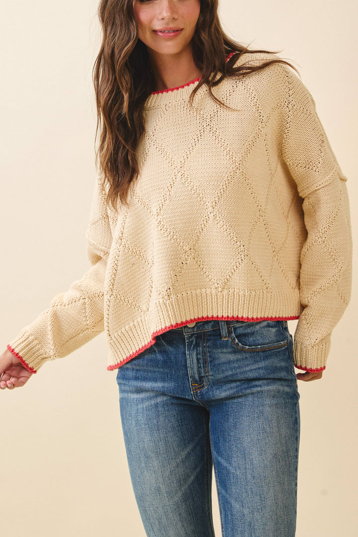 Diamond Knit Pullover Sweater: Oat