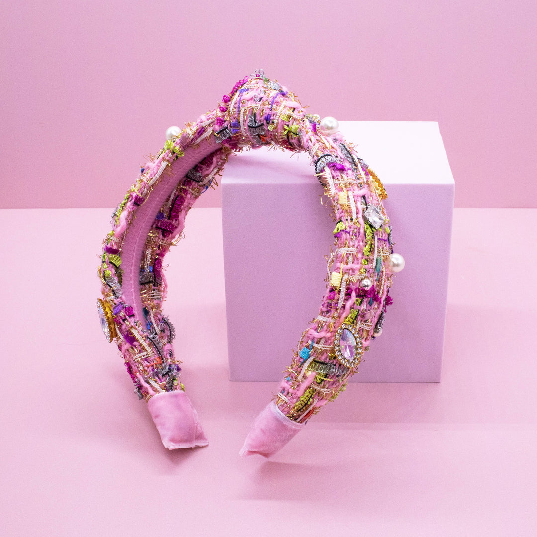 Kids Knot Headband - Embellished Rhinestone Pearl Tweed: Blue