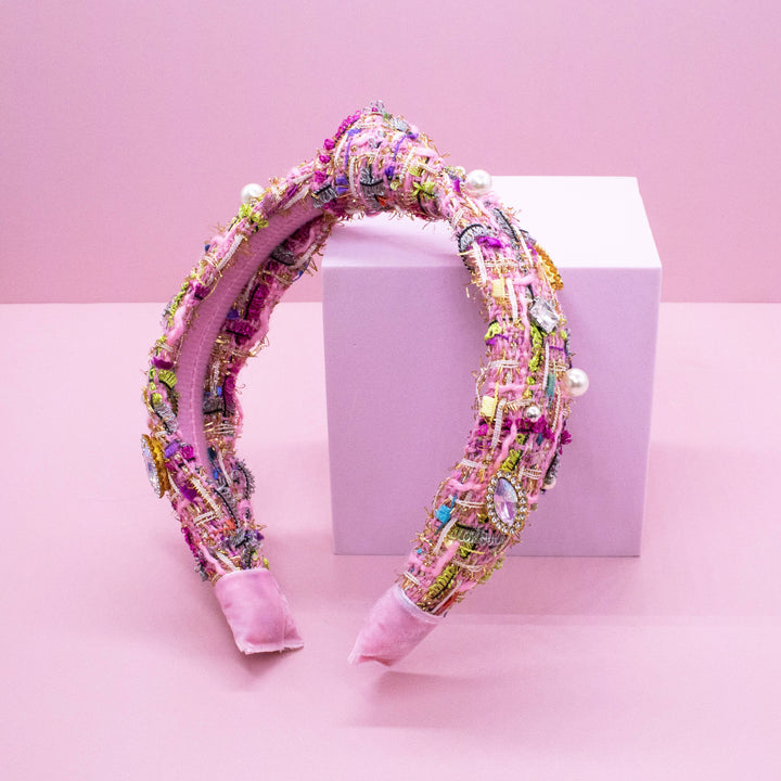 Kids Knot Headband - Embellished Rhinestone Pearl Tweed: Blue
