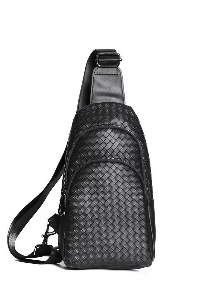 BRAIDED WEAVE VEGAN SLING CROSSBODY STADIUM BAG | 40P542: Black