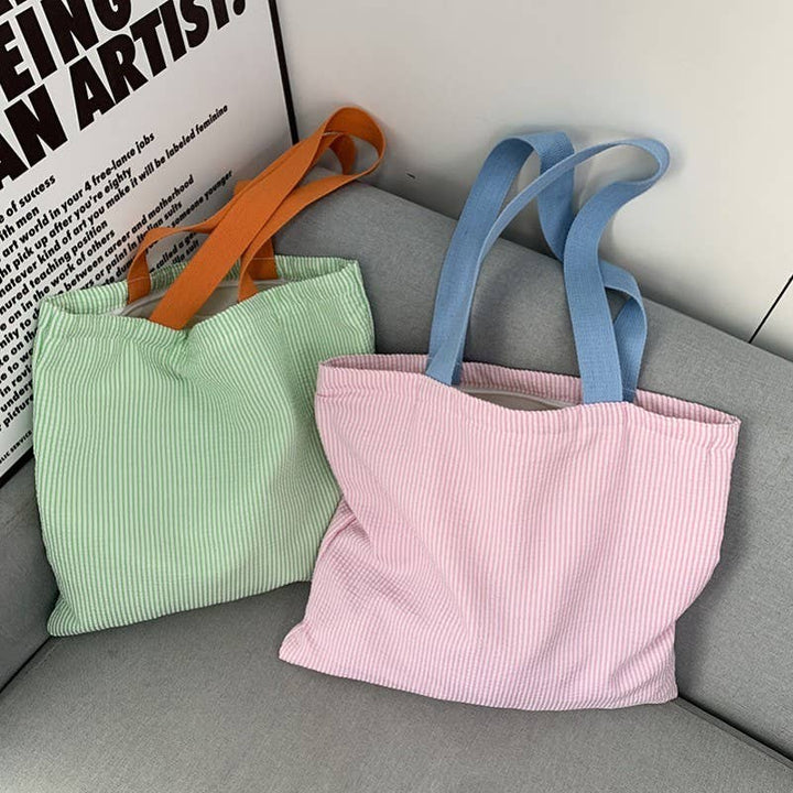 Large Organic colorful stripe Shoulder Tote Bag | 40P585: Red