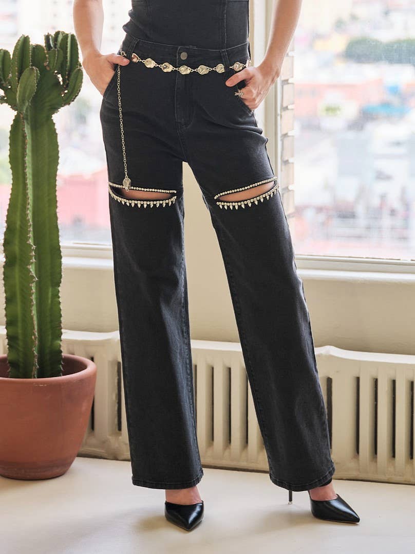 Cut Out Front Rhinestone Washed Denim Jeans: Black
