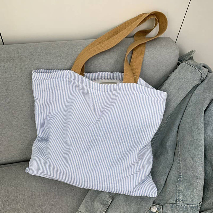 Large Organic colorful stripe Shoulder Tote Bag | 40P585: Black