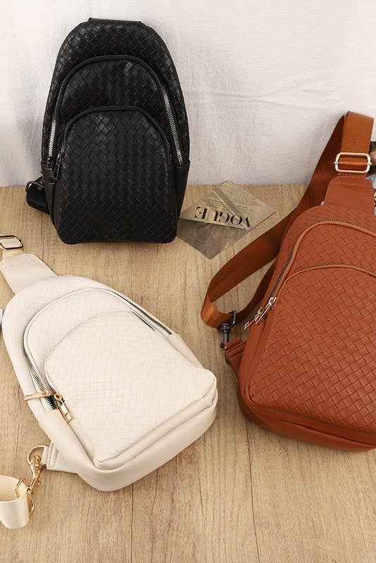 BRAIDED WEAVE VEGAN SLING CROSSBODY STADIUM BAG | 40P542: Black