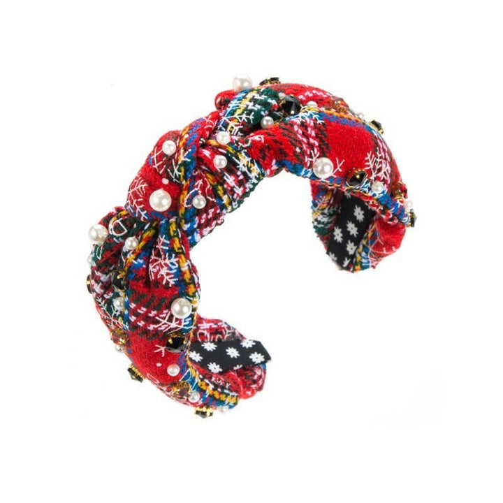 CHRISTMAS PLAID RHINESTONE WIDE KNOTTED HEADBAND | 40HB171: A