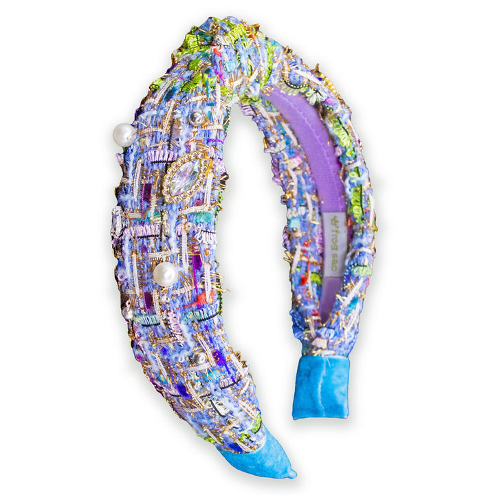 Kids Knot Headband - Embellished Rhinestone Pearl Tweed: Blue