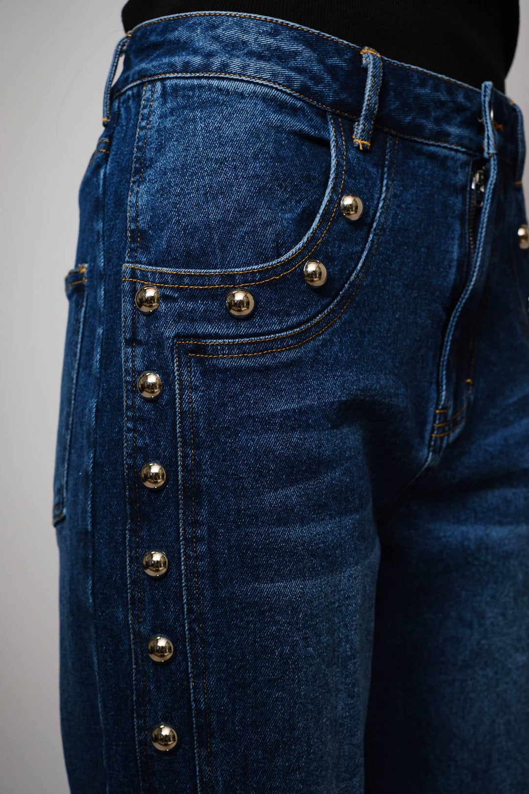 Metal Studded High Rise Straight Fit Denim Jeans: DARK WASH