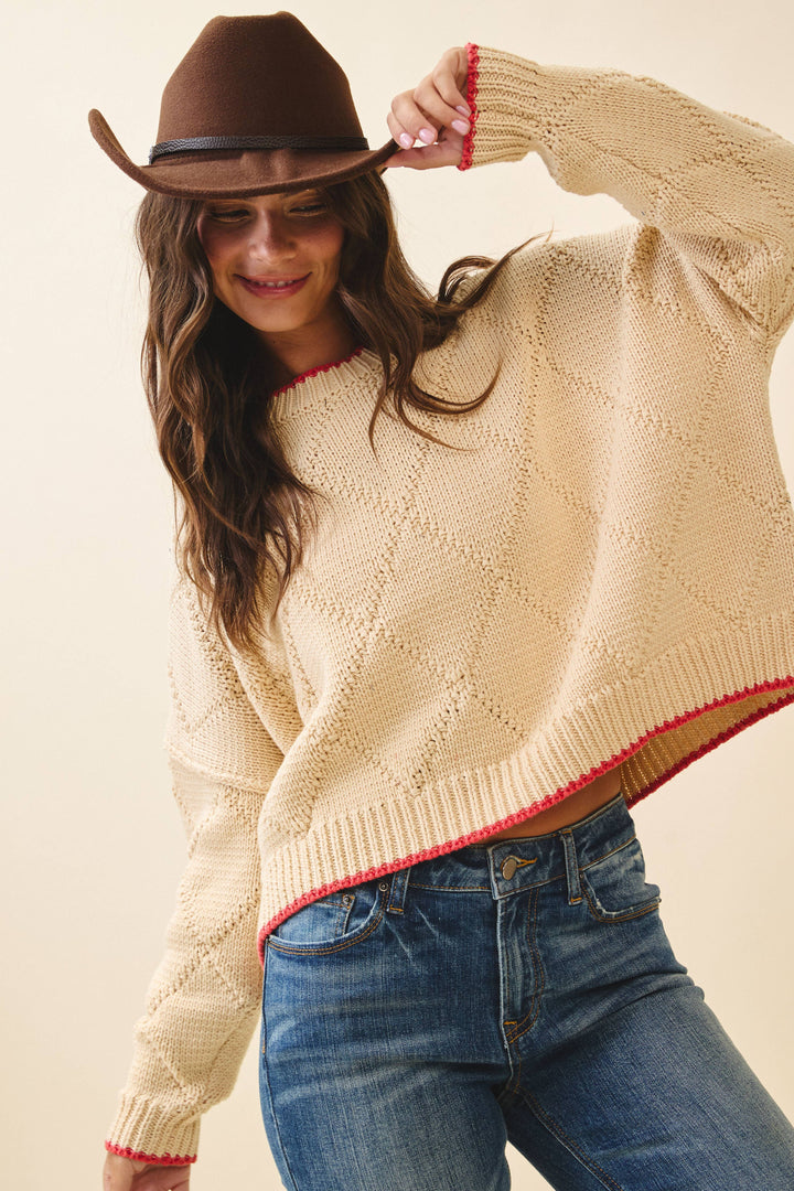 Diamond Knit Pullover Sweater: Oat
