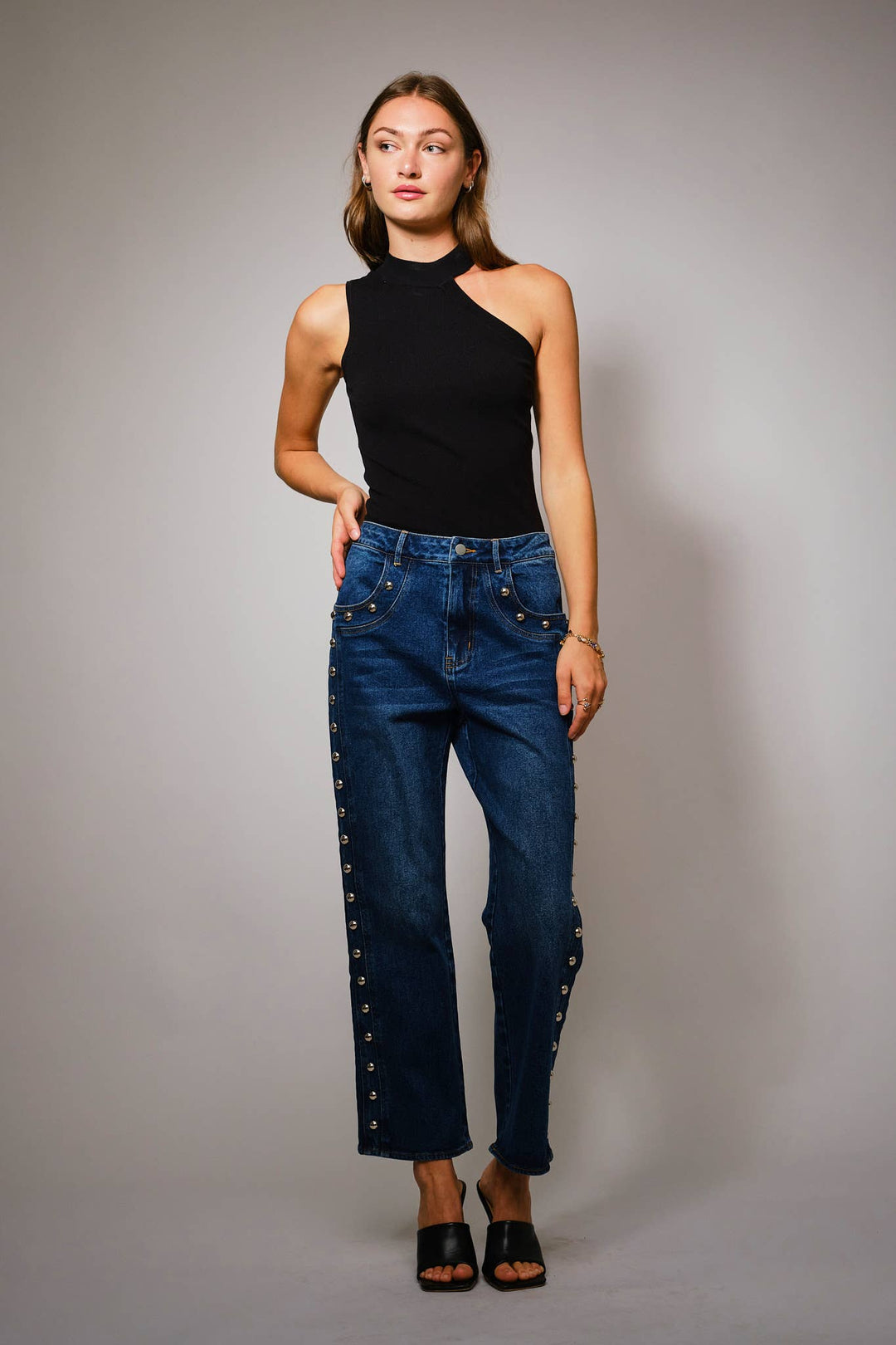 Metal Studded High Rise Straight Fit Denim Jeans: DARK WASH