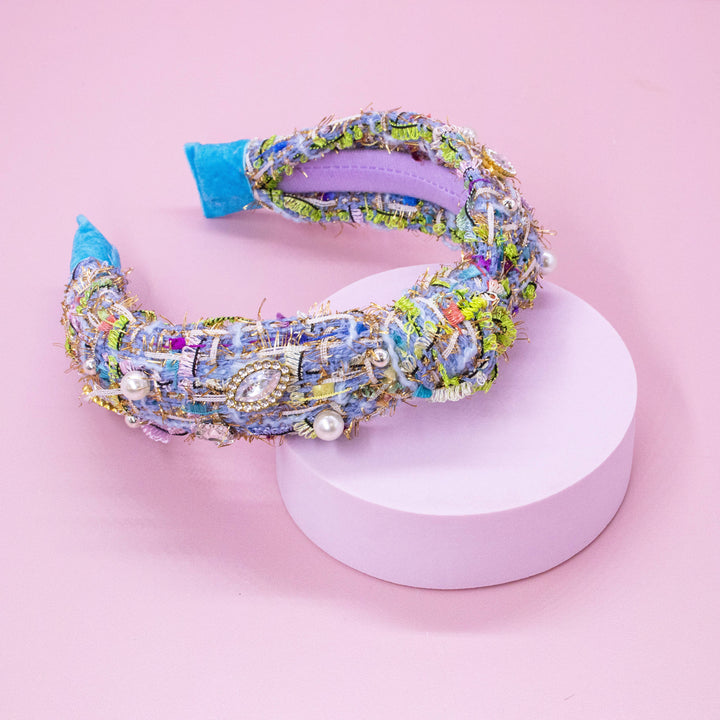 Kids Knot Headband - Embellished Rhinestone Pearl Tweed: Blue