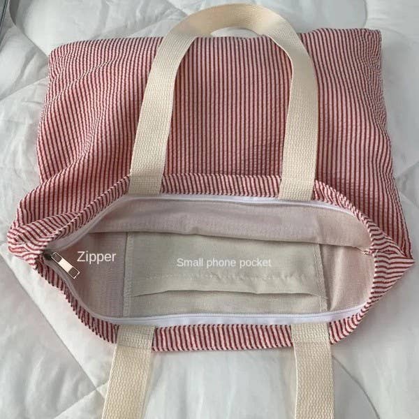 Large Organic colorful stripe Shoulder Tote Bag | 40P585: Mint