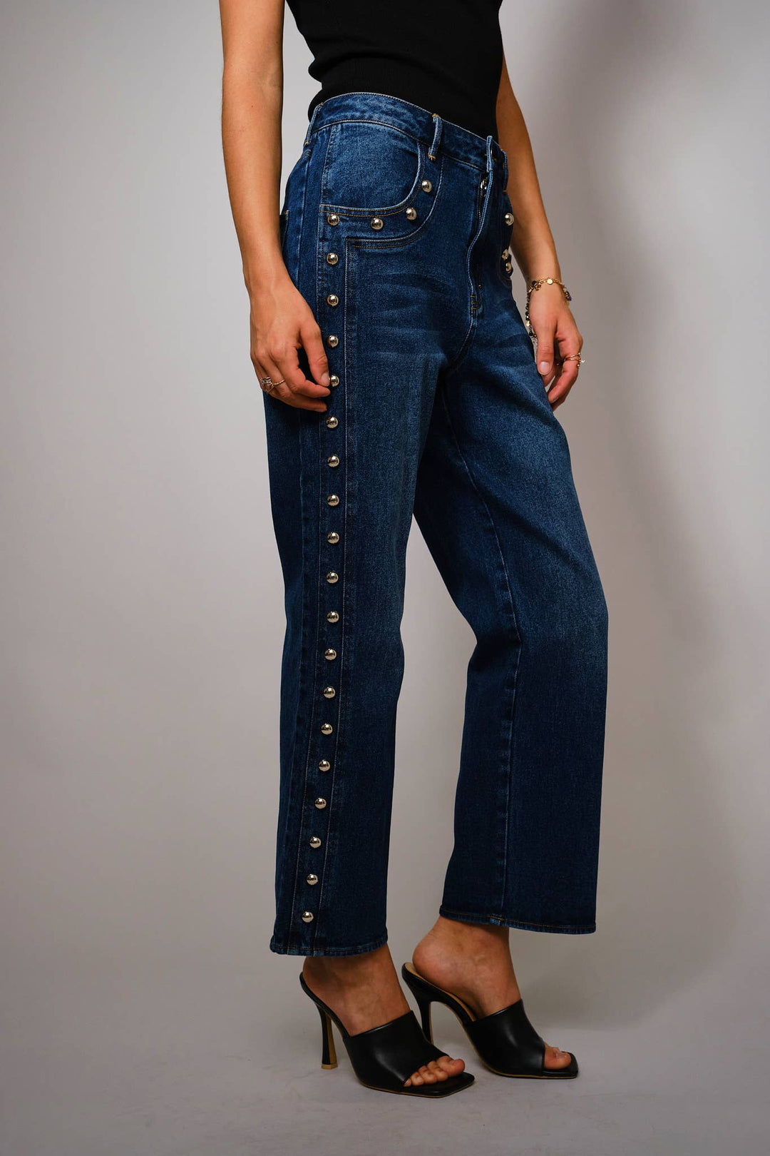 Metal Studded High Rise Straight Fit Denim Jeans: DARK WASH