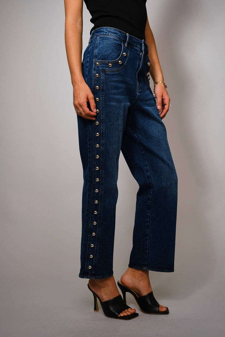 Metal Studded High Rise Straight Fit Denim Jeans: DARK WASH