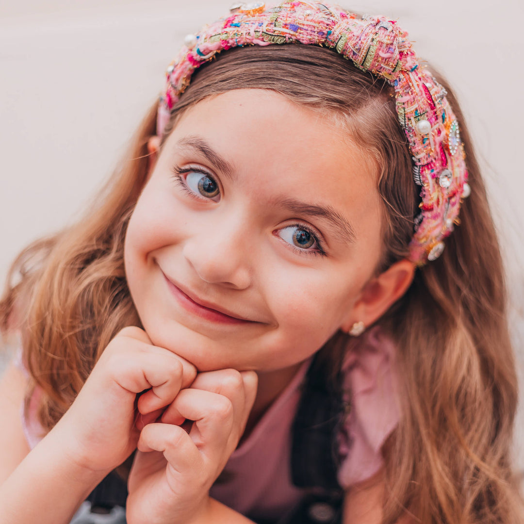 Kids Knot Headband - Embellished Rhinestone Pearl Tweed: Blue