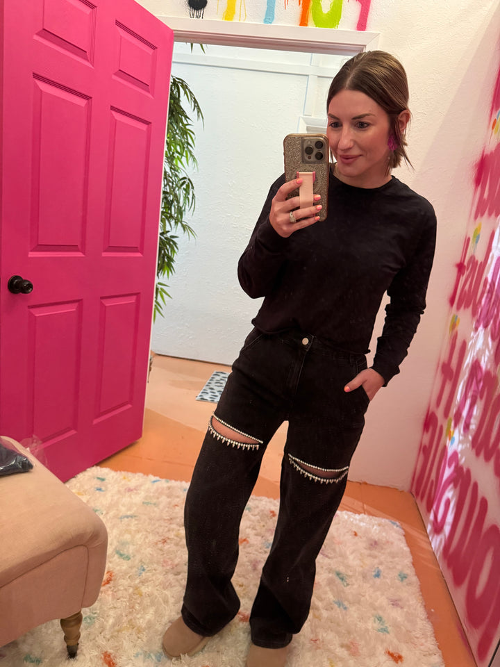 Cut Out Front Rhinestone Washed Denim Jeans: Black