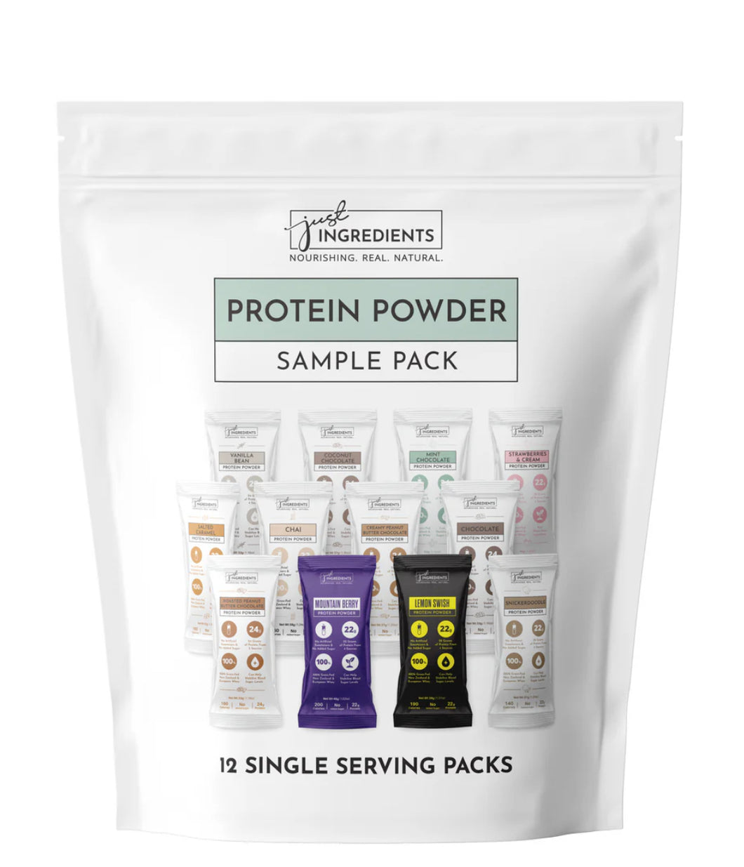 JUST INGREDIENTS:Protein Powder Sample Pack - 12 Flavors