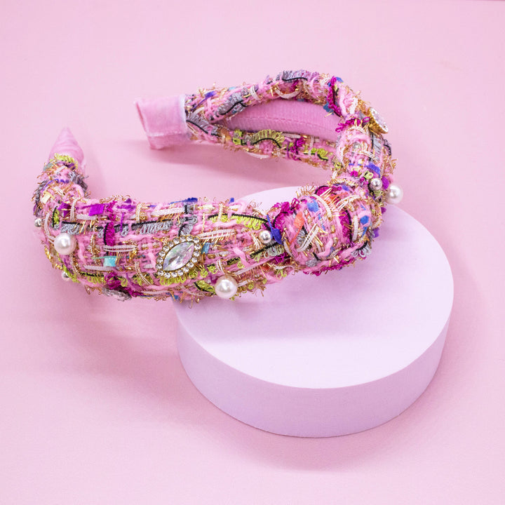 Kids Knot Headband - Embellished Rhinestone Pearl Tweed: Blue