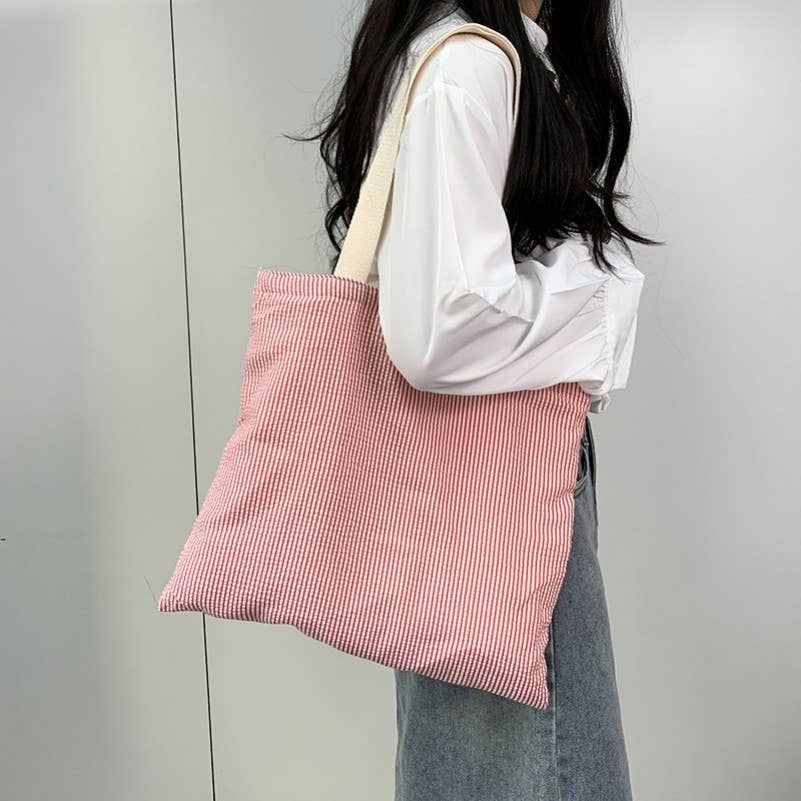 Large Organic colorful stripe Shoulder Tote Bag | 40P585: Pink
