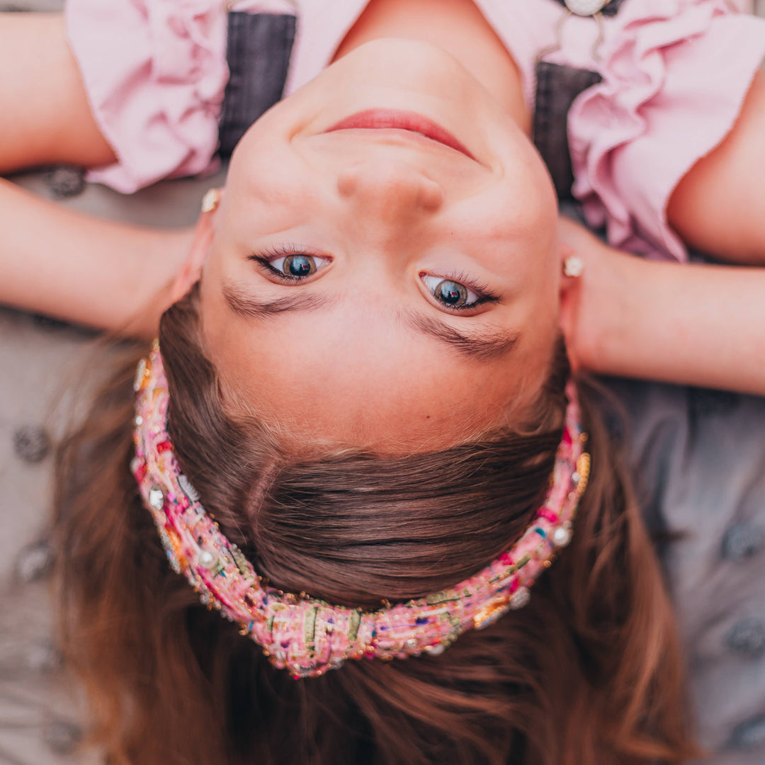 Kids Knot Headband - Embellished Rhinestone Pearl Tweed: Blue