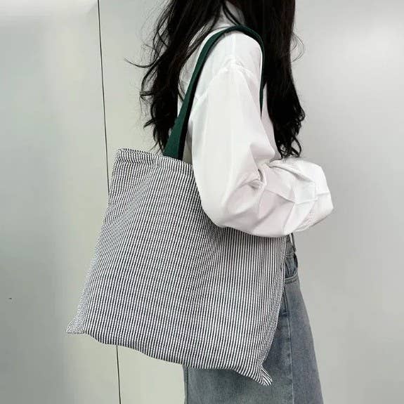 Large Organic colorful stripe Shoulder Tote Bag | 40P585: Mint
