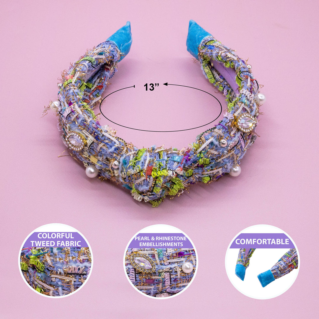 Kids Knot Headband - Embellished Rhinestone Pearl Tweed: Blue