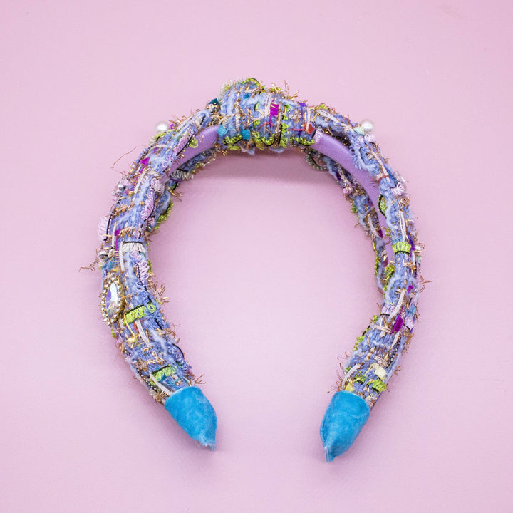 Kids Knot Headband - Embellished Rhinestone Pearl Tweed: Blue